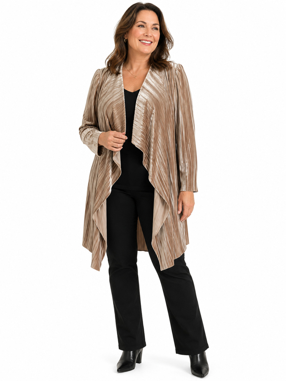 Chicos Velvet Beige Asymmetrical Cardigan Jacket Open Pleated Stretch sz 2 / L